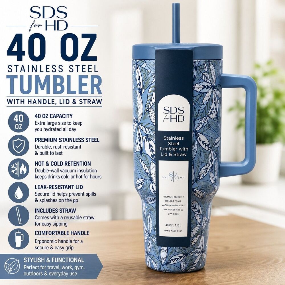 SDS for HD 40 oz Stainless Steel Tumbler Handle Lid Straw Blue Floral Travel Mug